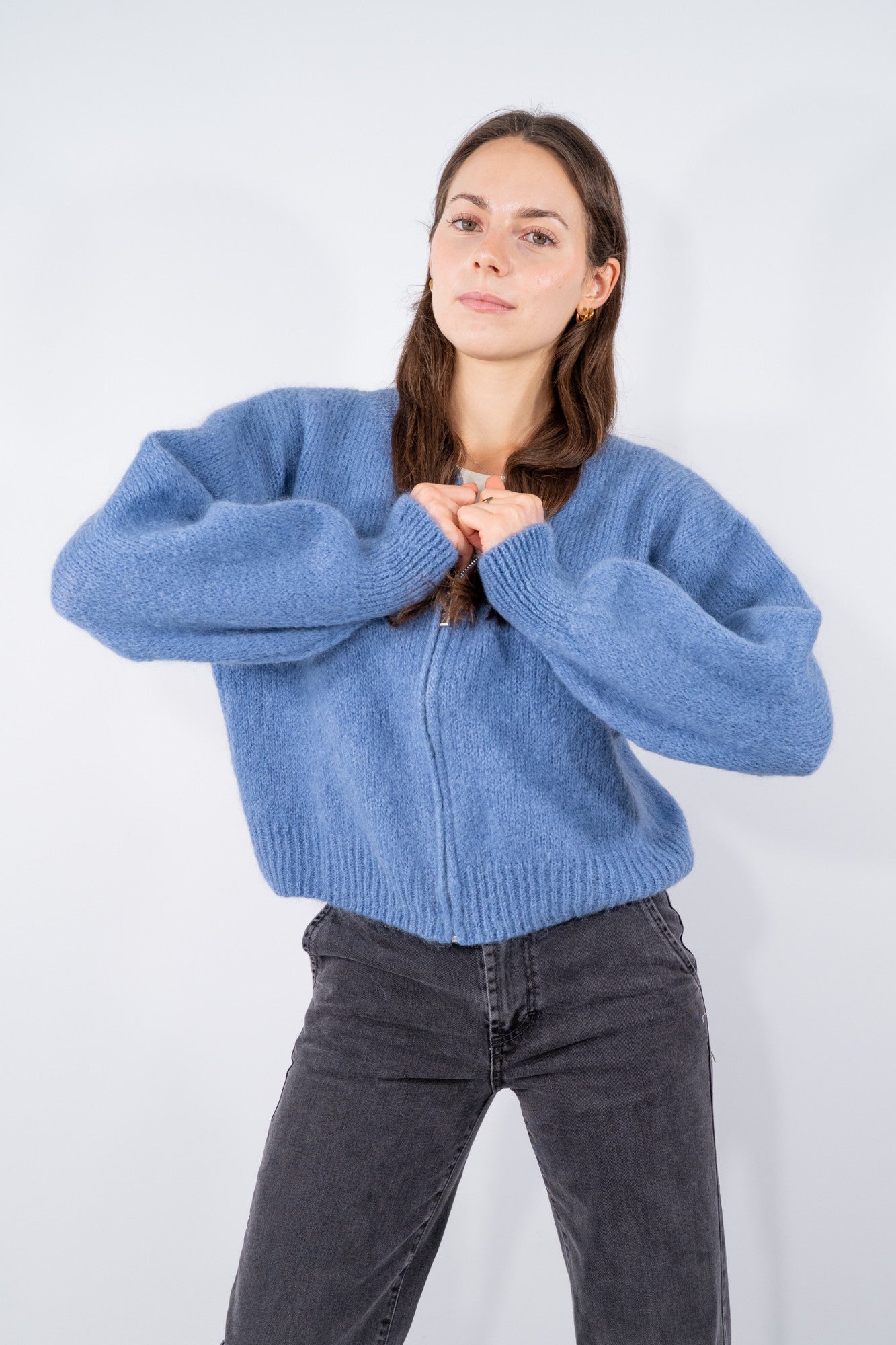 Maglione zip in filato soffice con lavorazione rasata