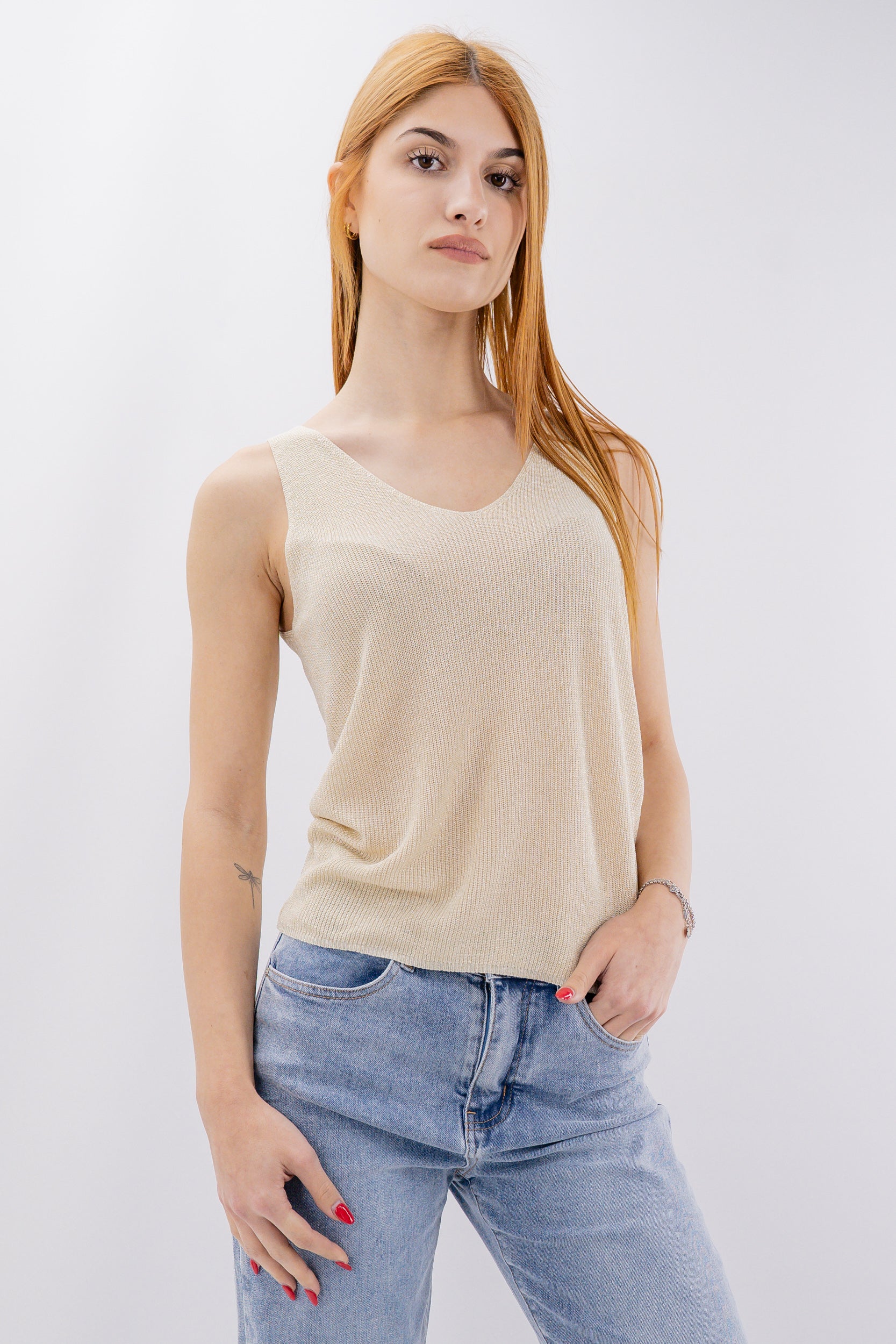 Canotta lurex a costine con scollatura a V