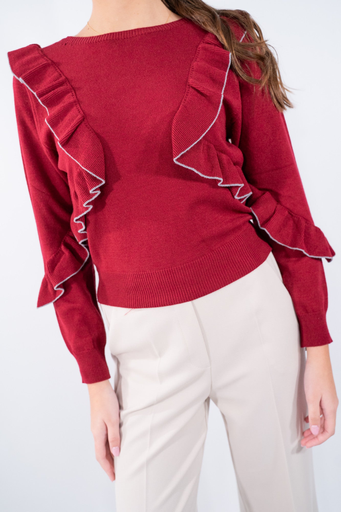 Maglia Gale con rouches diagonali e finiture ondulate