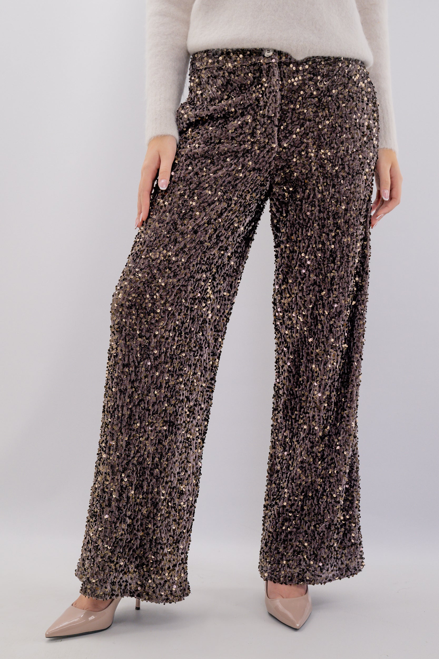 Pantalone palazzo con micro paillettes ed elastico