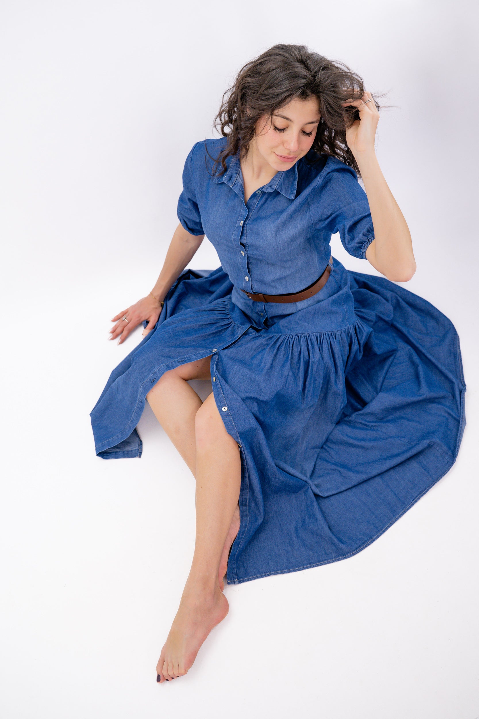 Abito chemisier lungo in chambray di jeans con cintura