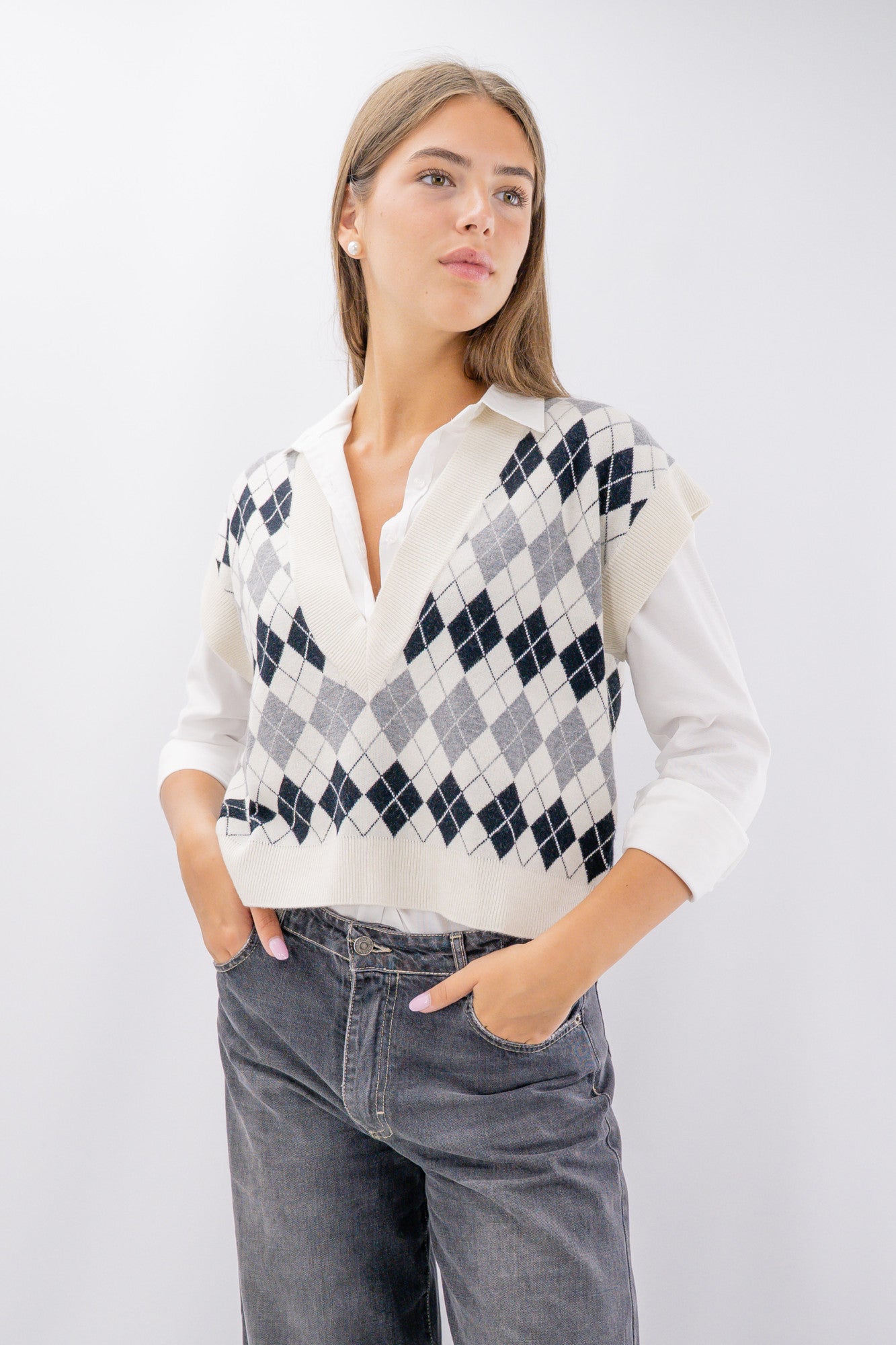 Gilet collo a vi a rombi