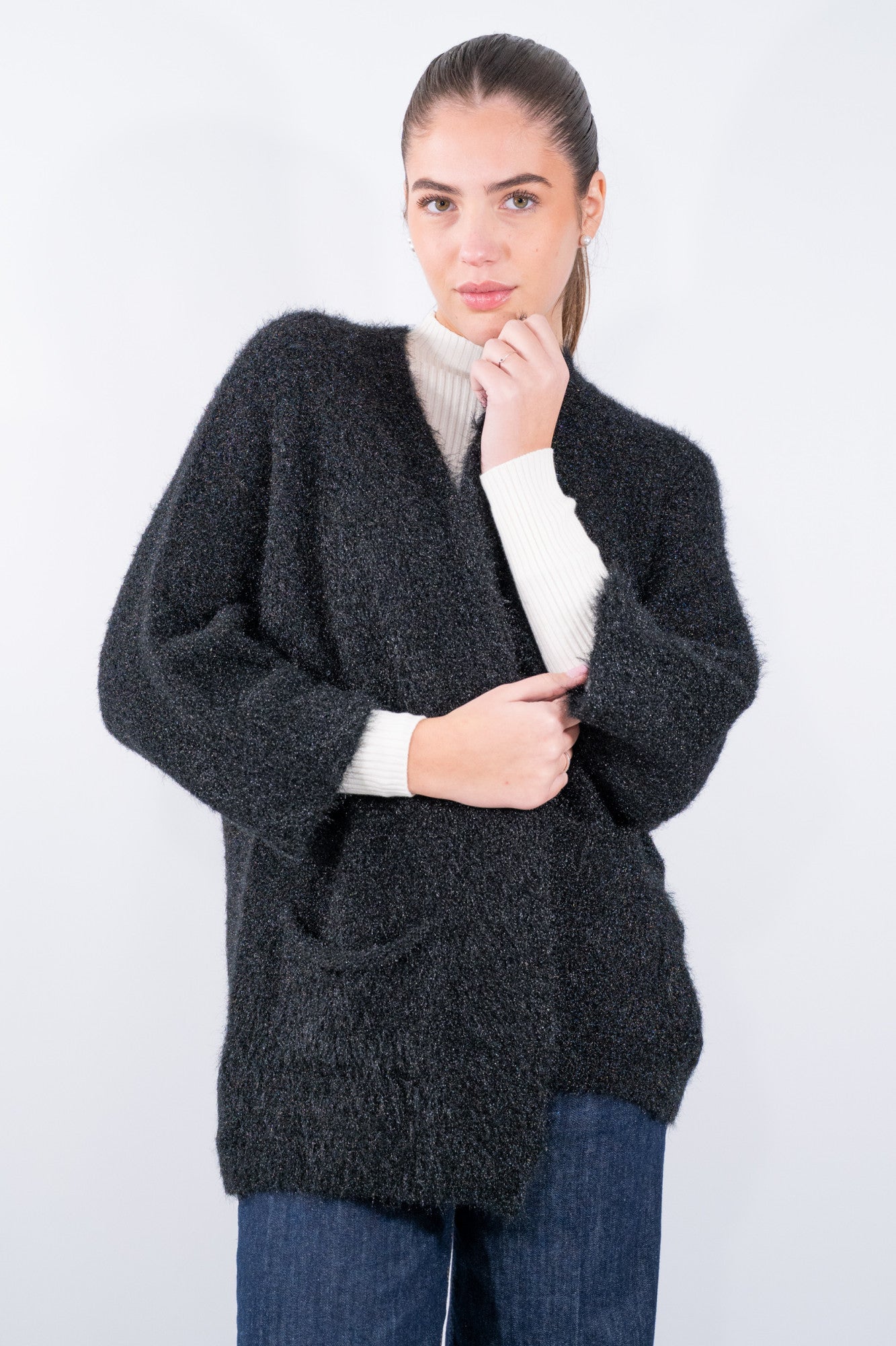 Cardigan aperto con maniche kimono e tasche applicate misto lana