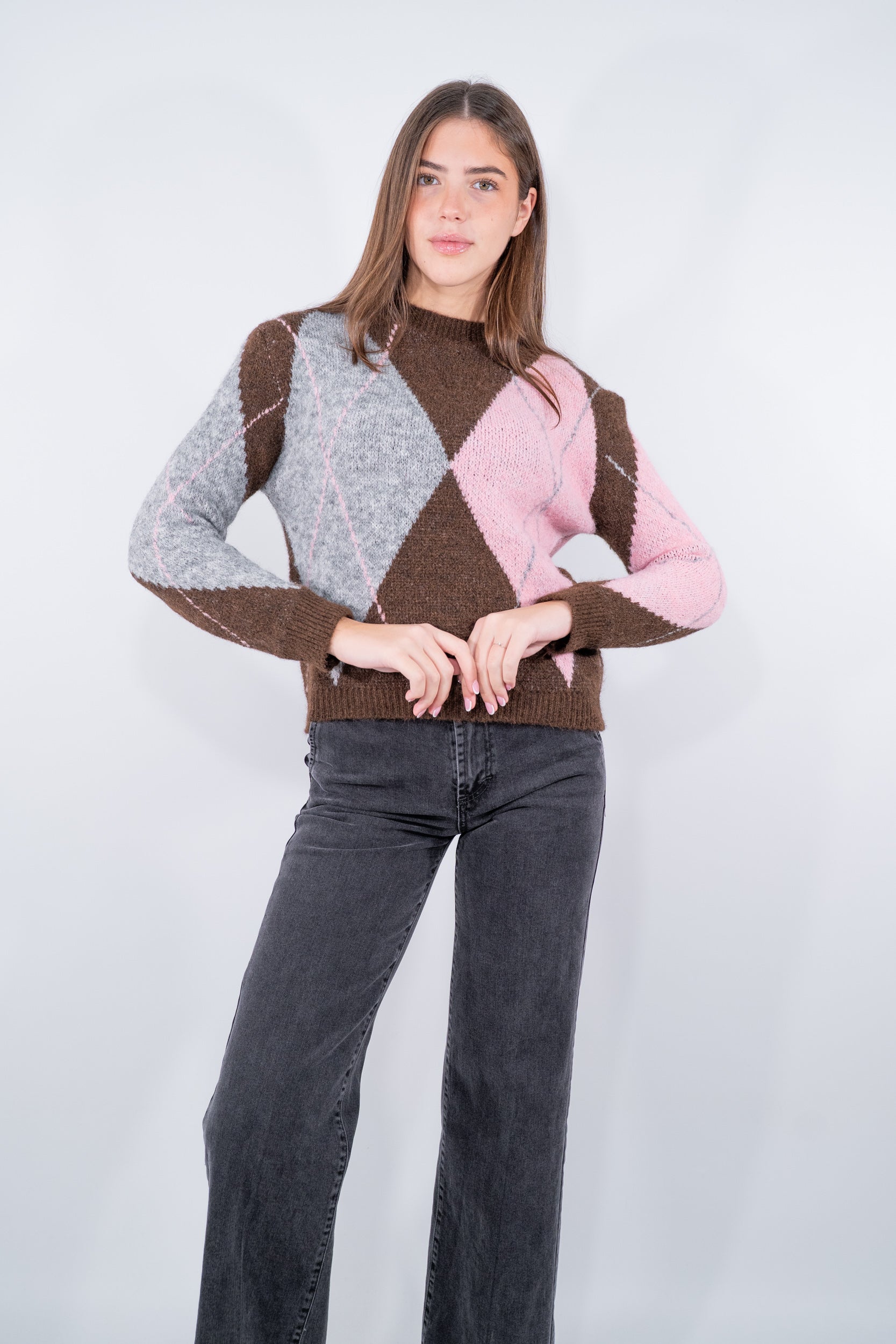 Maglia girocollo con lavorazione a rombi