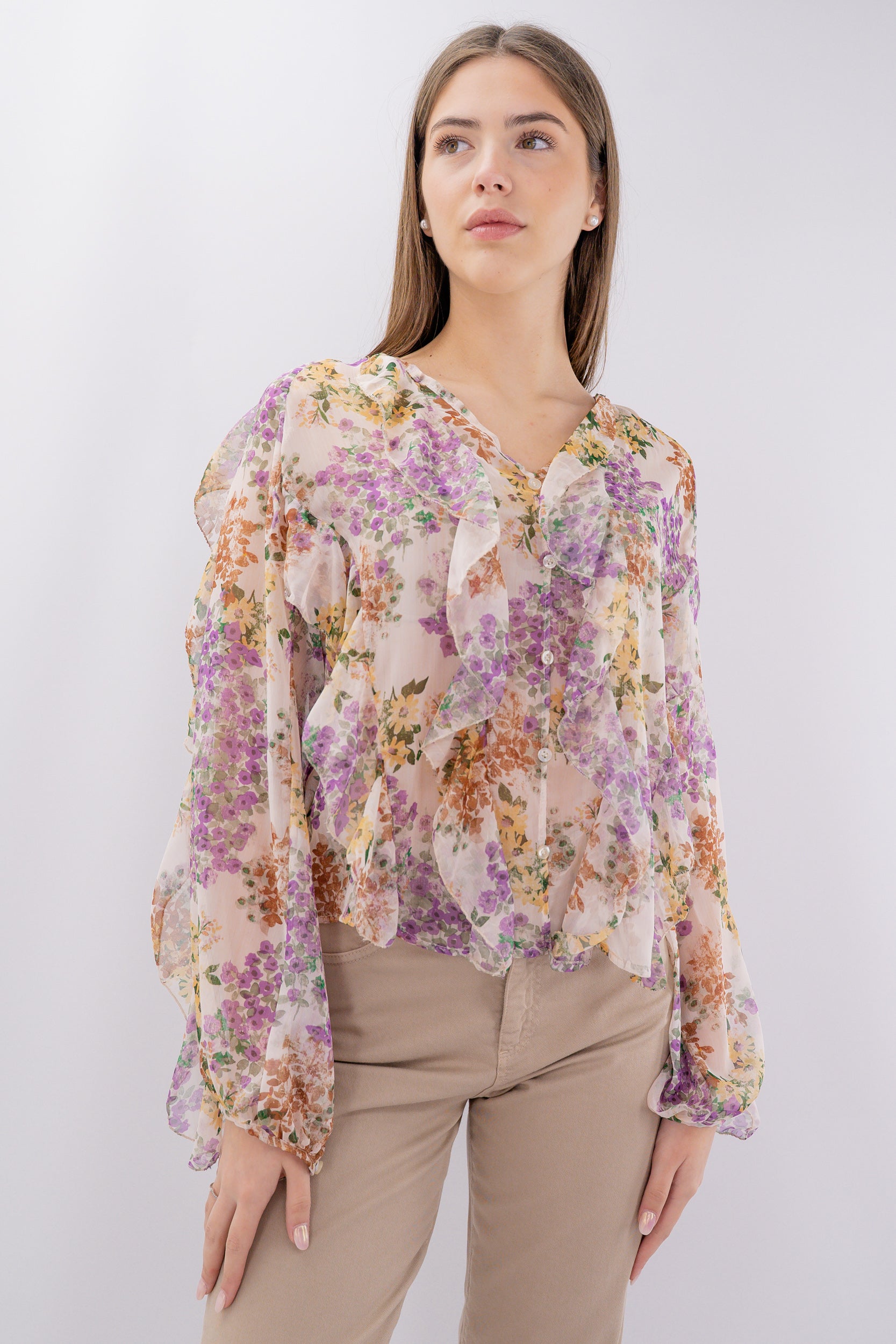 Camicia fantasia floreale con rouches