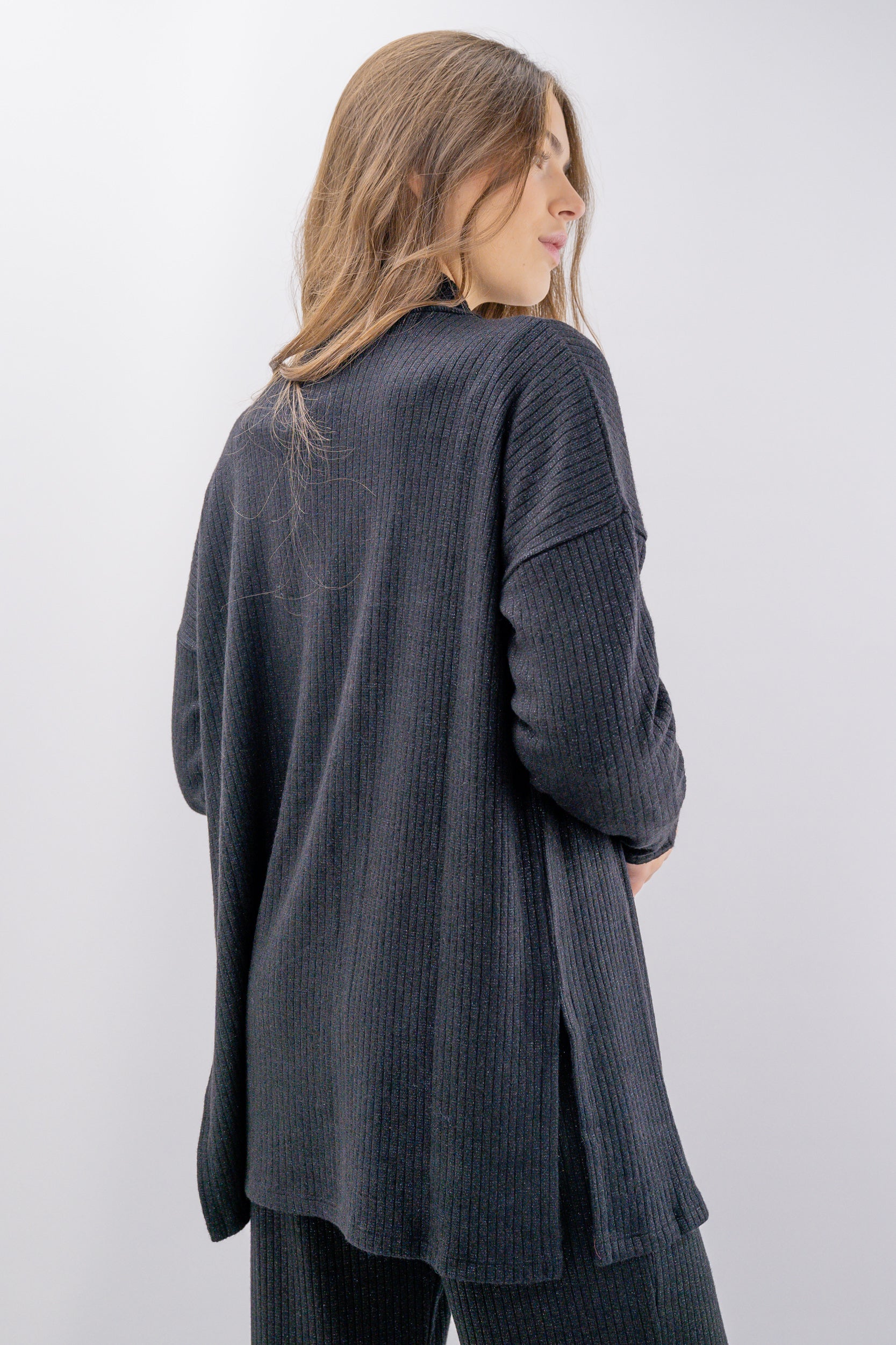 Cardigan aperto a costine in lurex