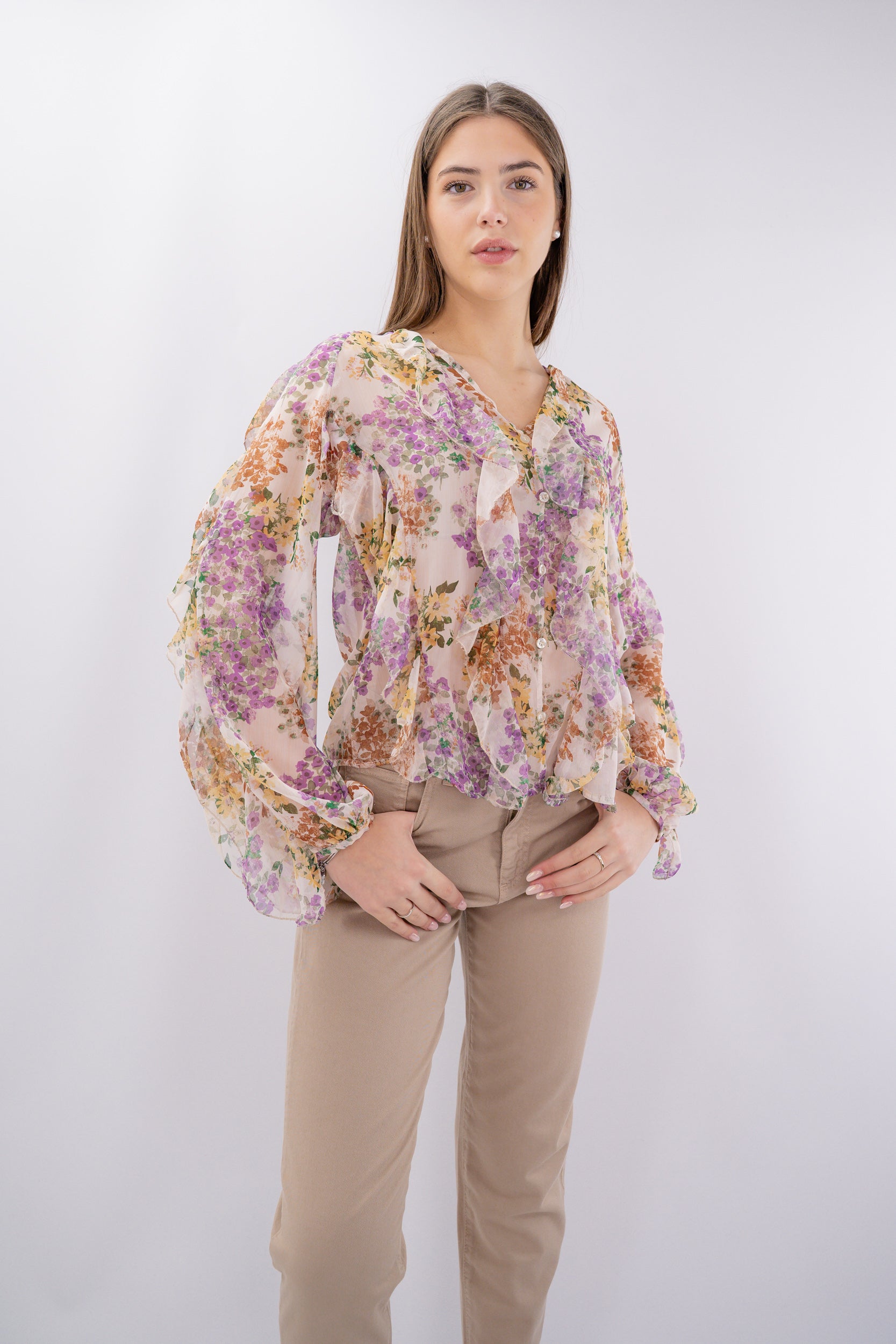 Camicia fantasia floreale con rouches