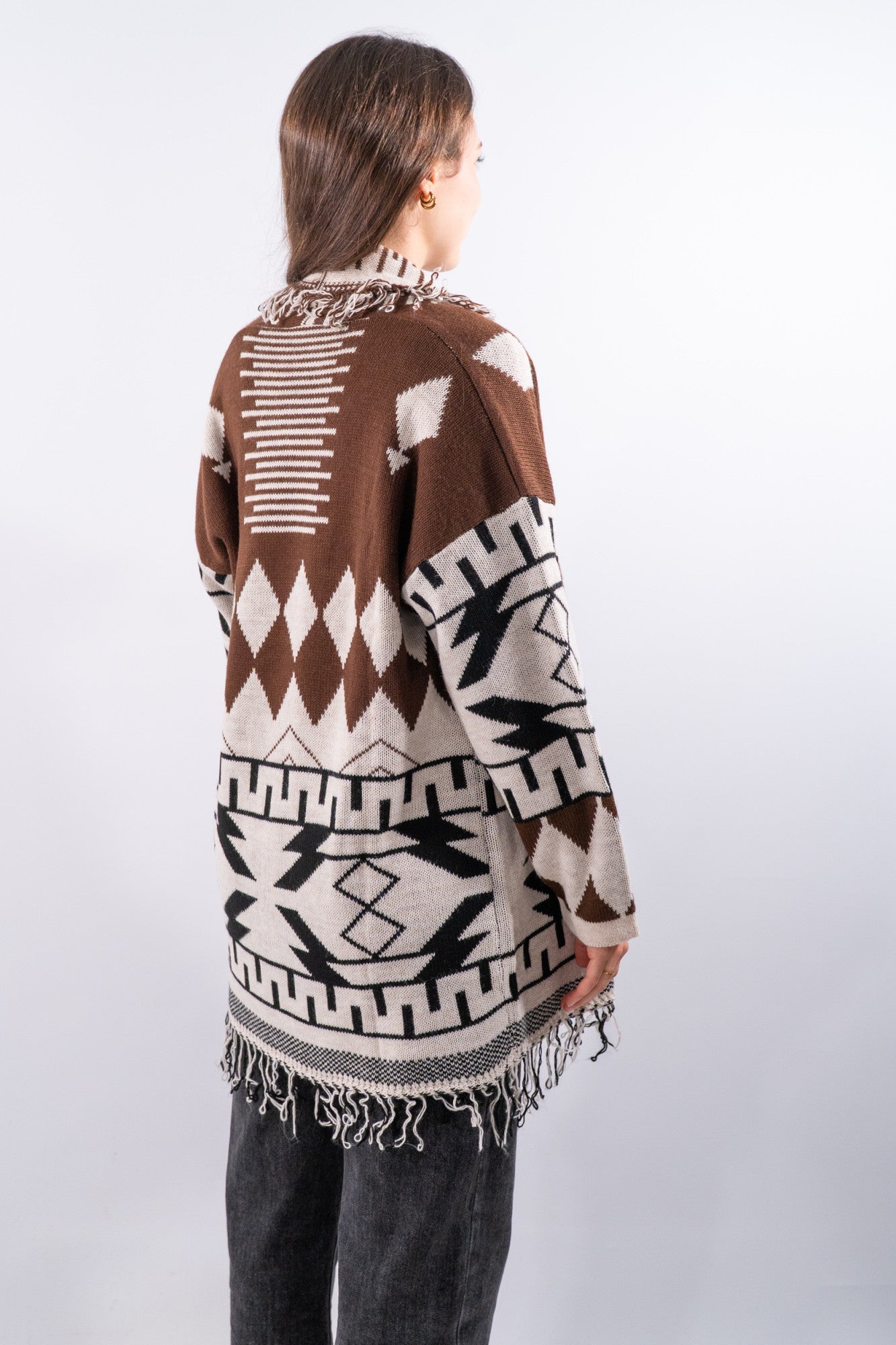 Cardigan aperto lungo con frange a contorno