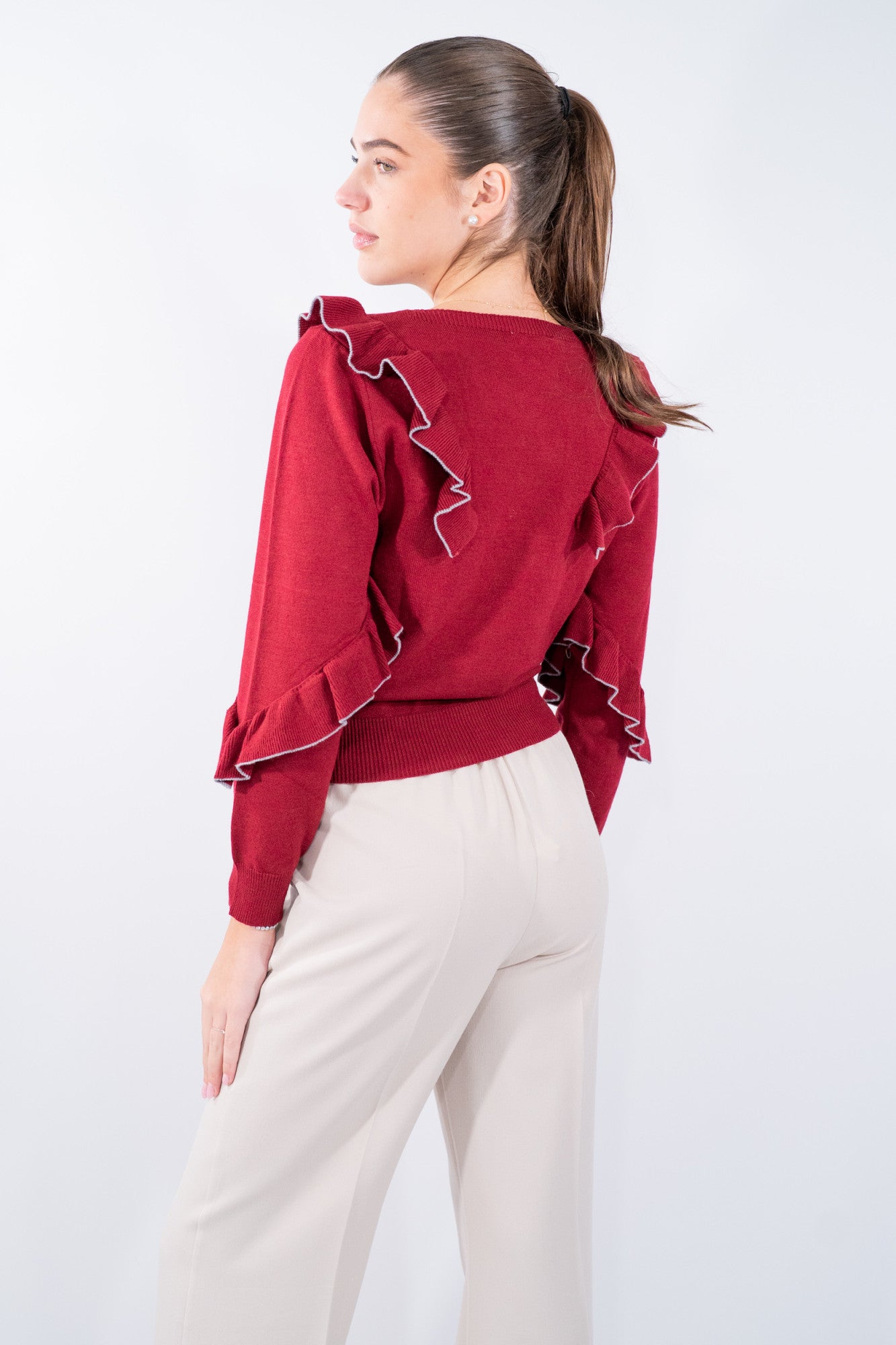Maglia Gale con rouches diagonali e finiture ondulate