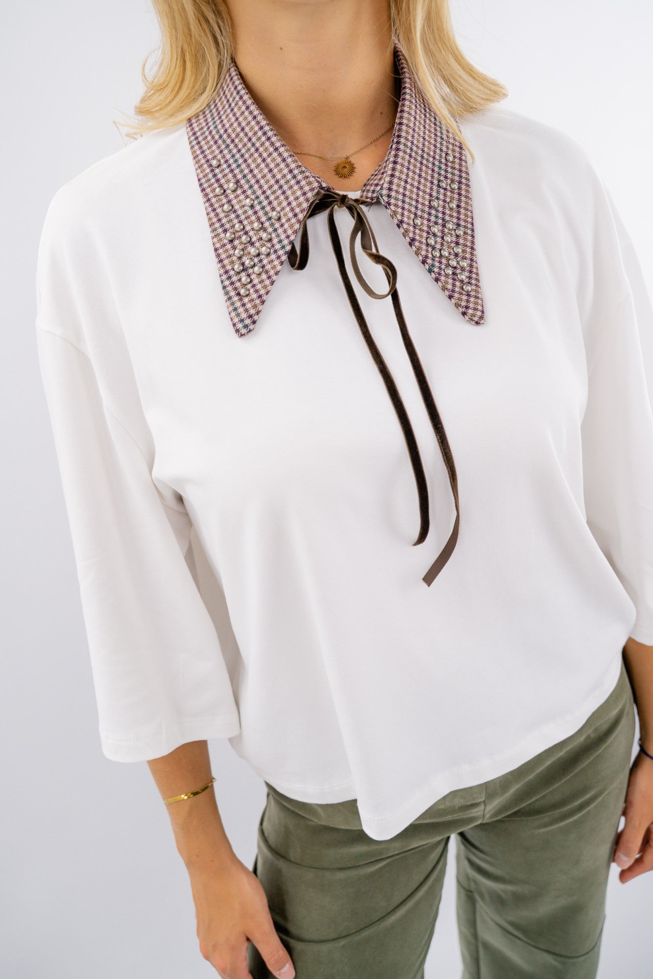 Maglia girocollo con collo in pied de poule removibile
