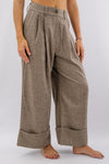 Pantalone tweed palazzo con maxi risvolto e pinces