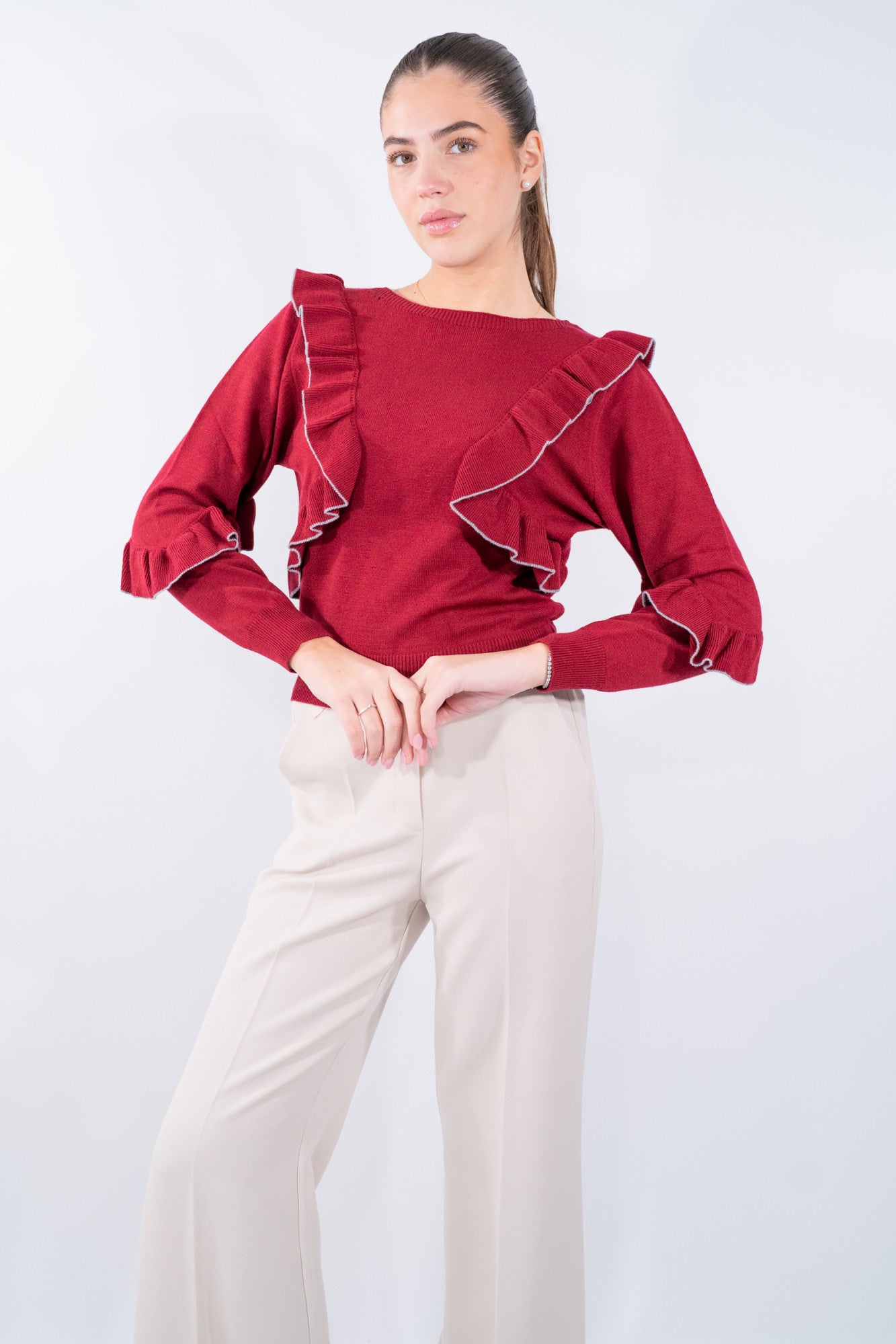 Maglia Gale con rouches diagonali e finiture ondulate