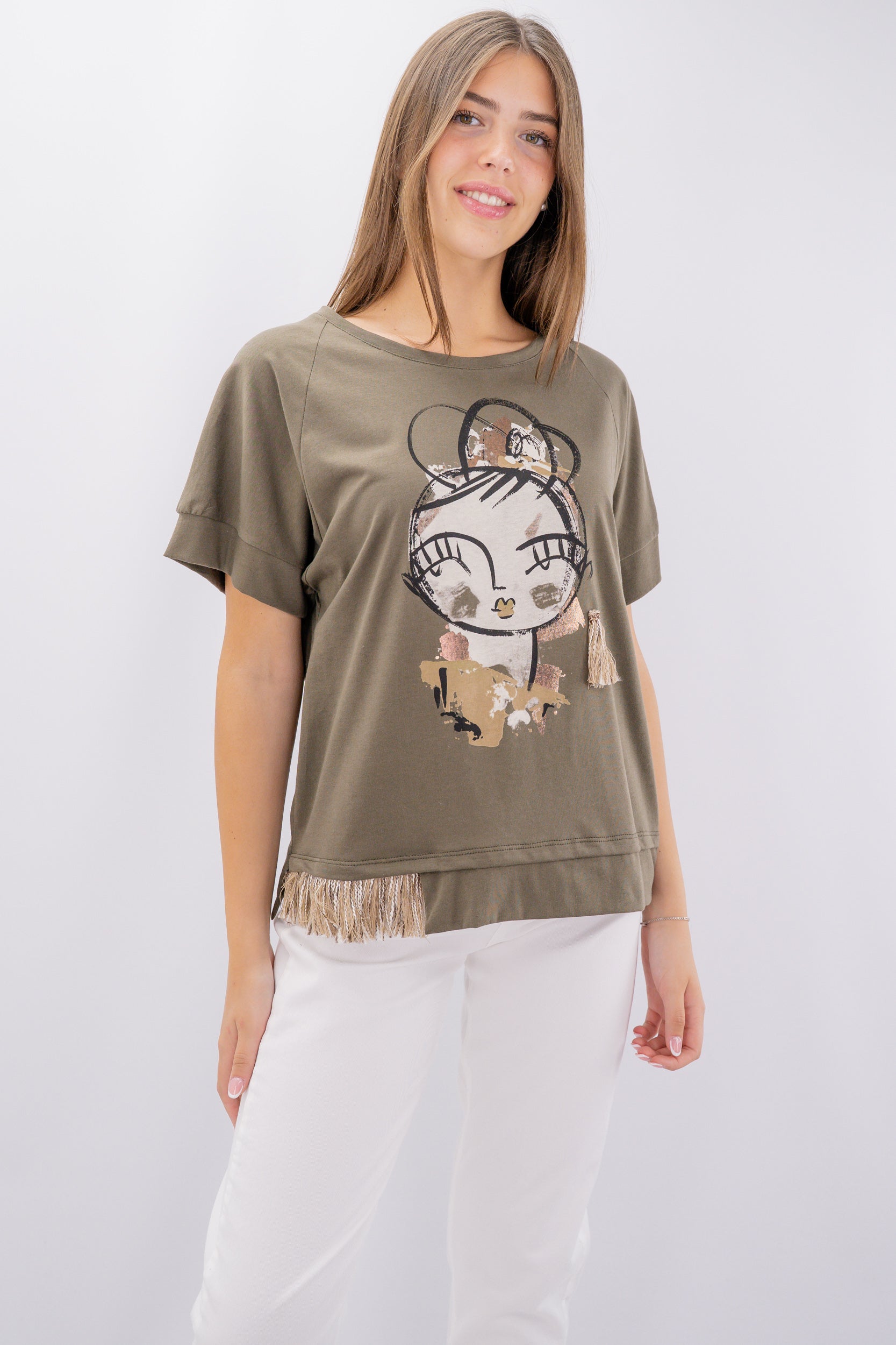 T-shirt con stampa e dettaglio frange