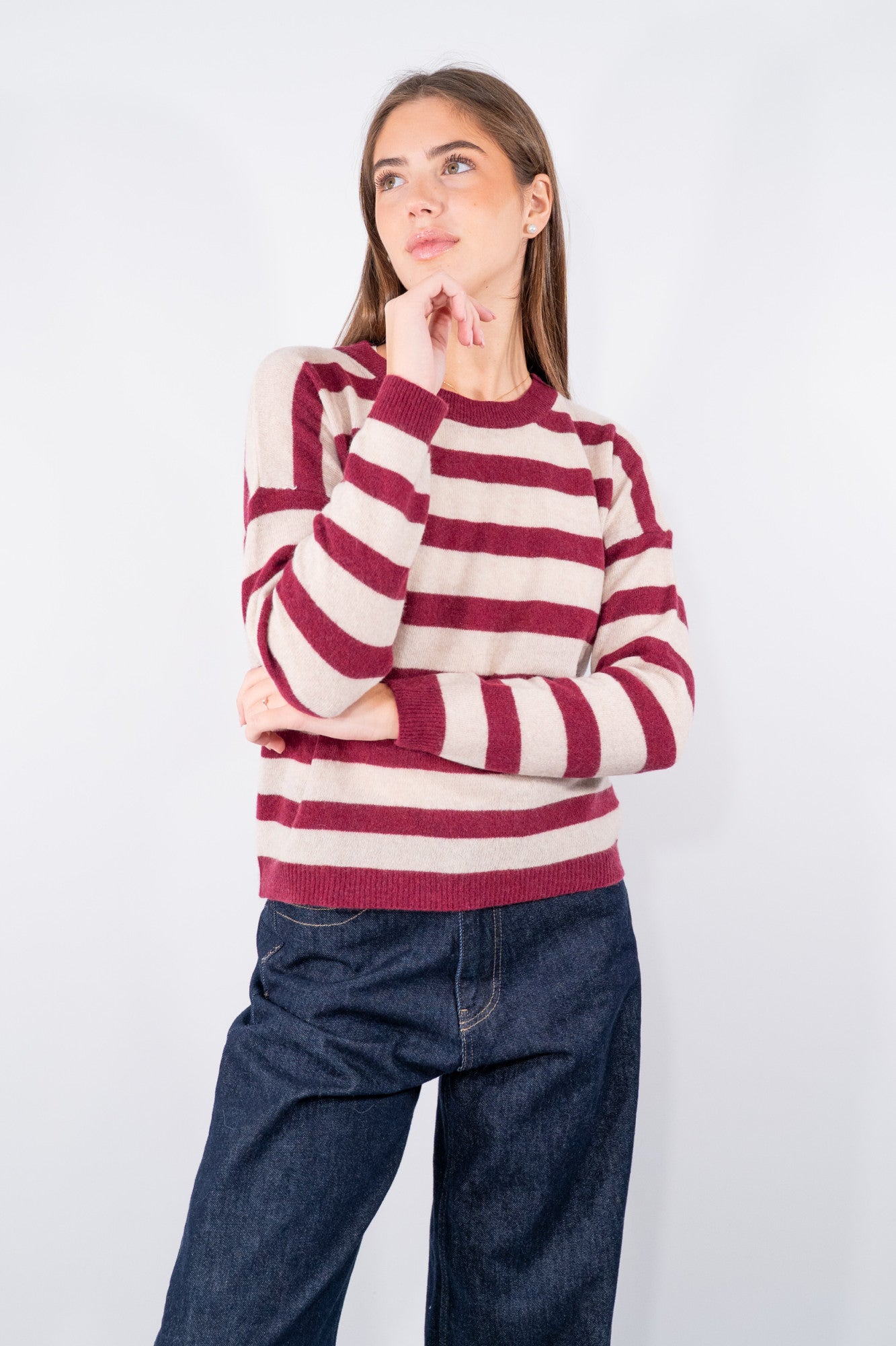 Maglia girocollo a righe in lana pregiata