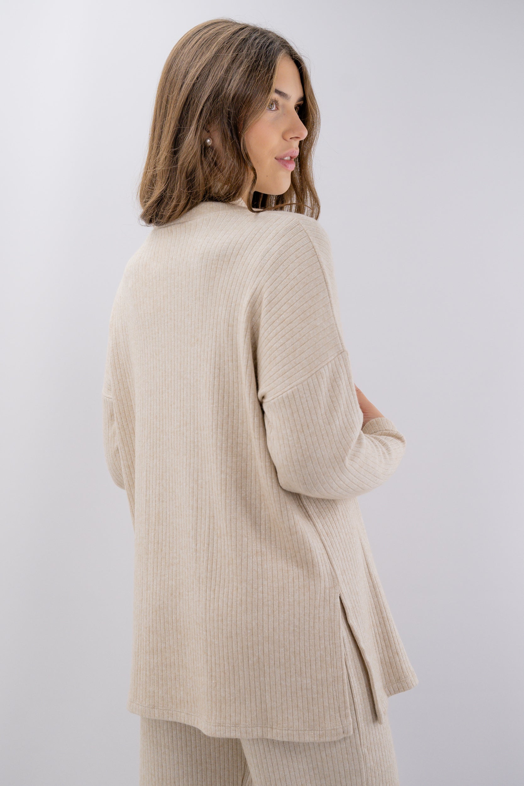 Cardigan aperto a costine in lurex