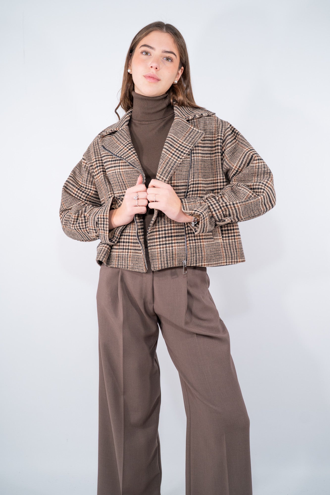 Giacca Biker in tessuto check effetto chiodo