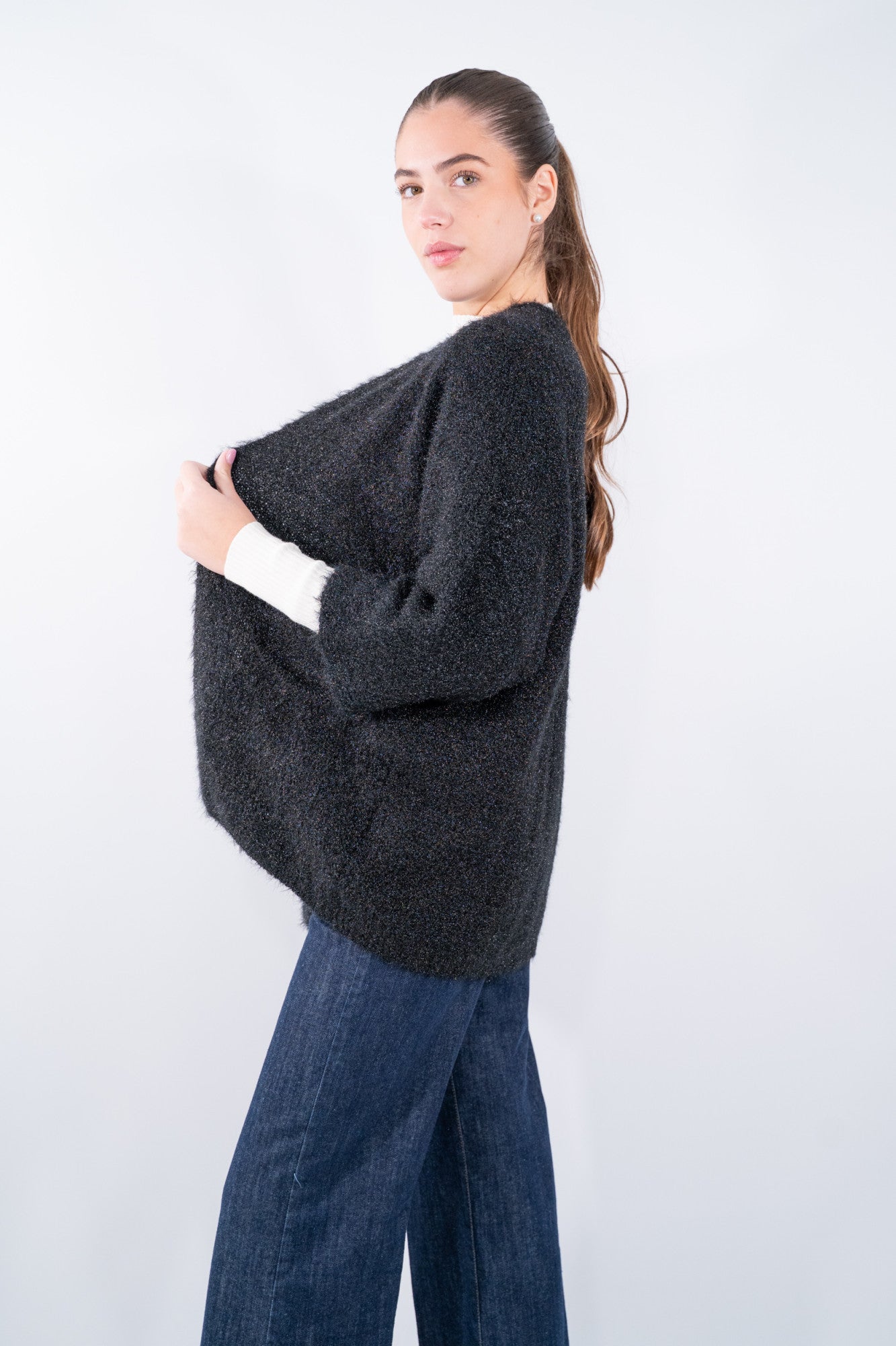 Cardigan aperto con maniche kimono e tasche applicate misto lana