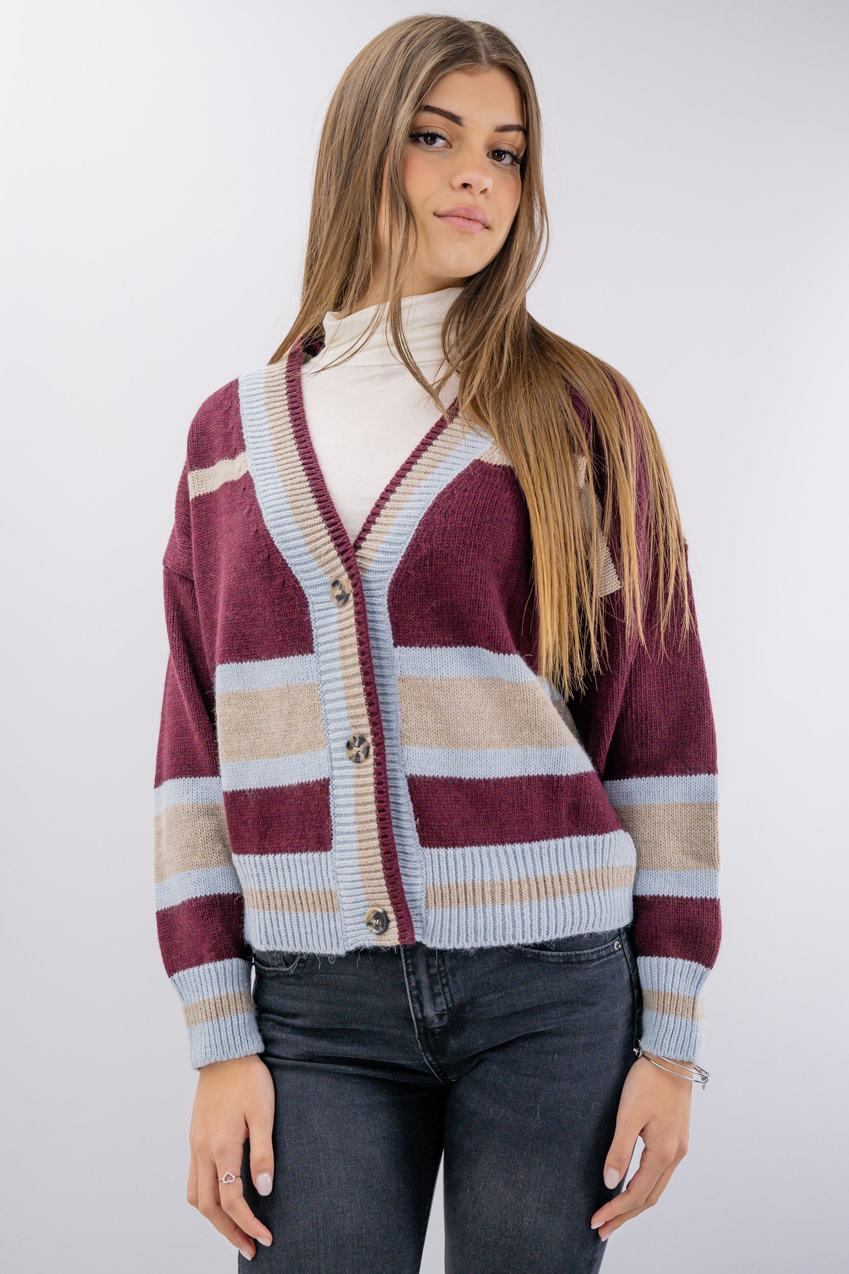 Cardigan con bottoni a righe in misto lana ed alpaca