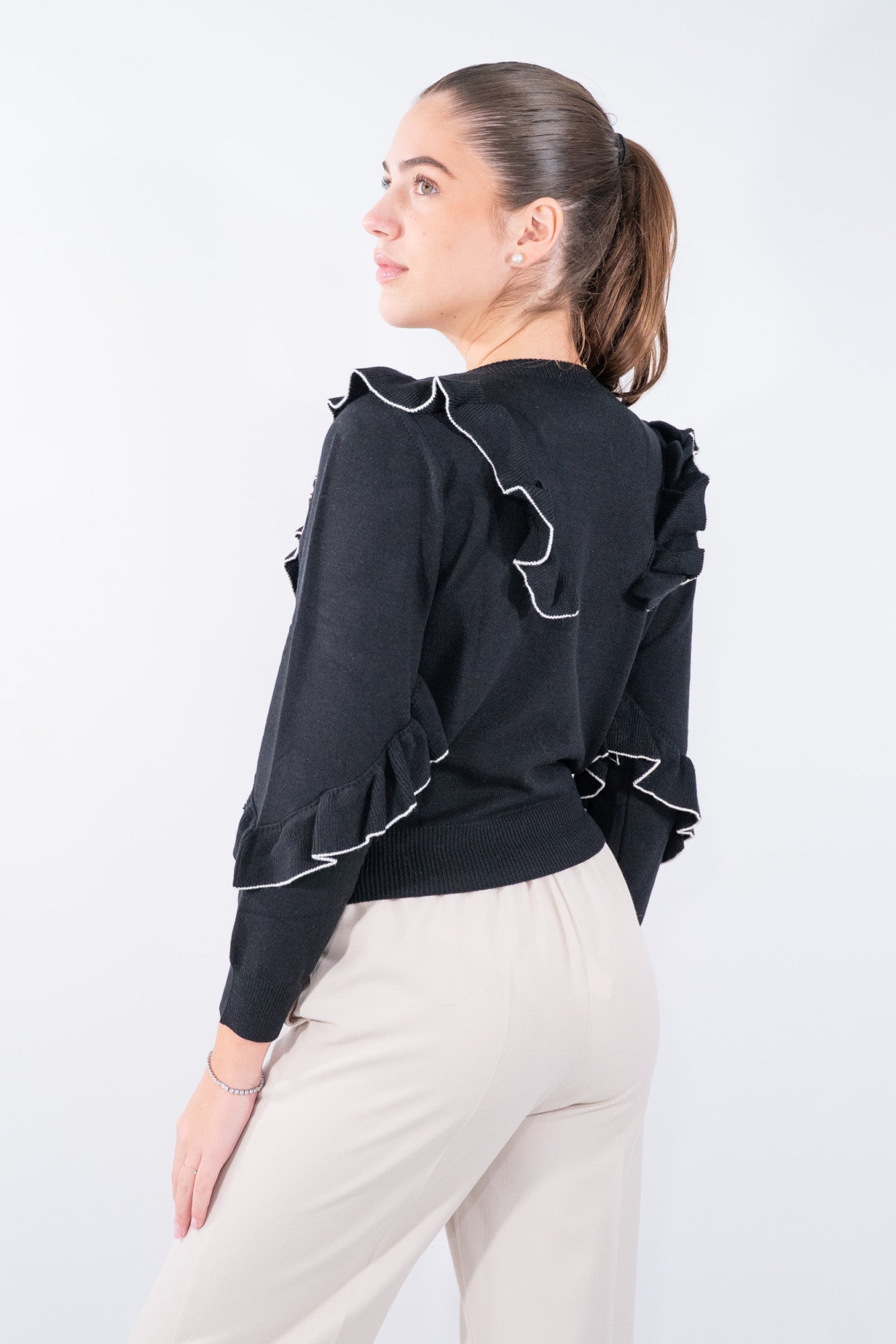 Maglia Gale con rouches diagonali e finiture ondulate