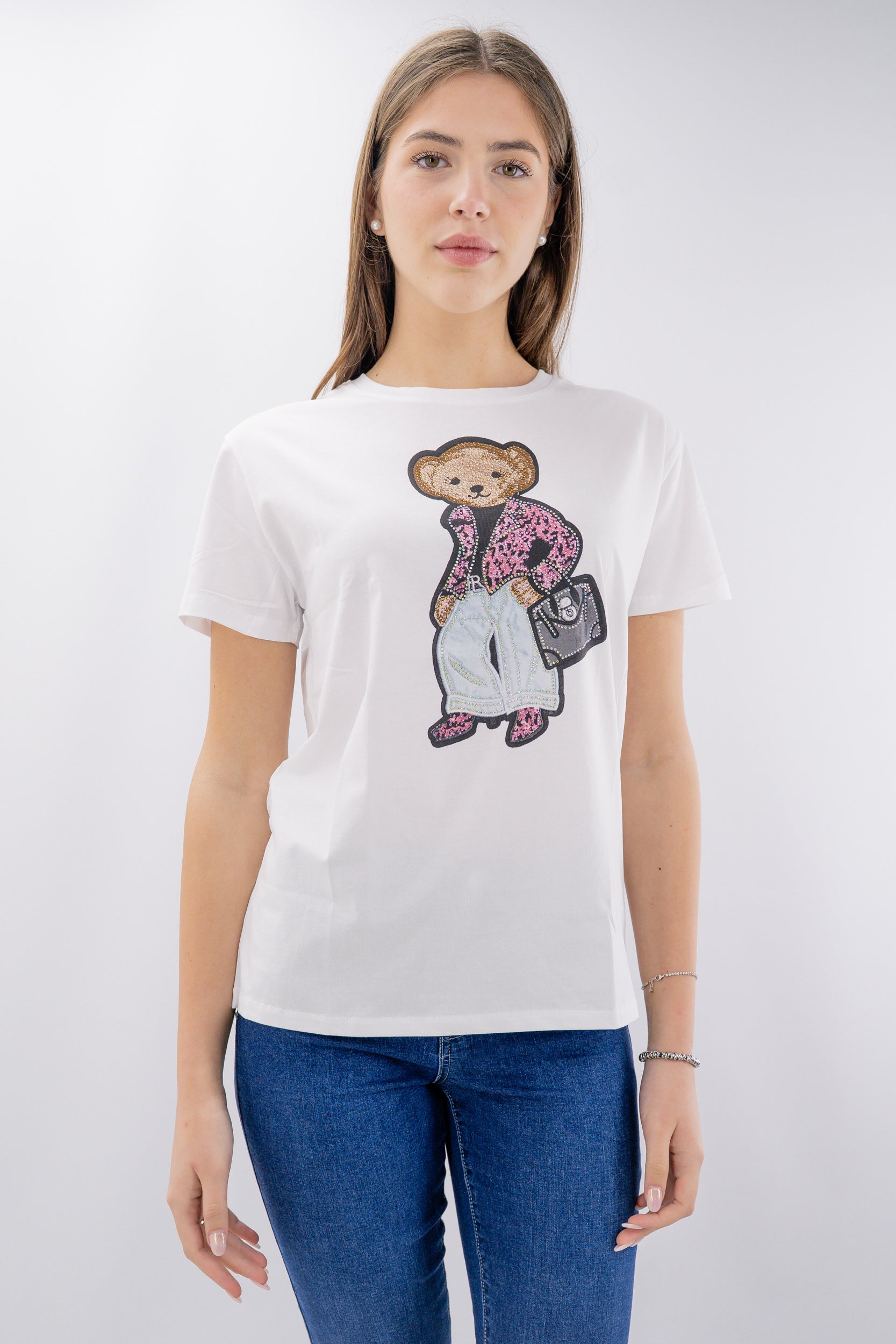 T-shirt stampa orsetto con strass