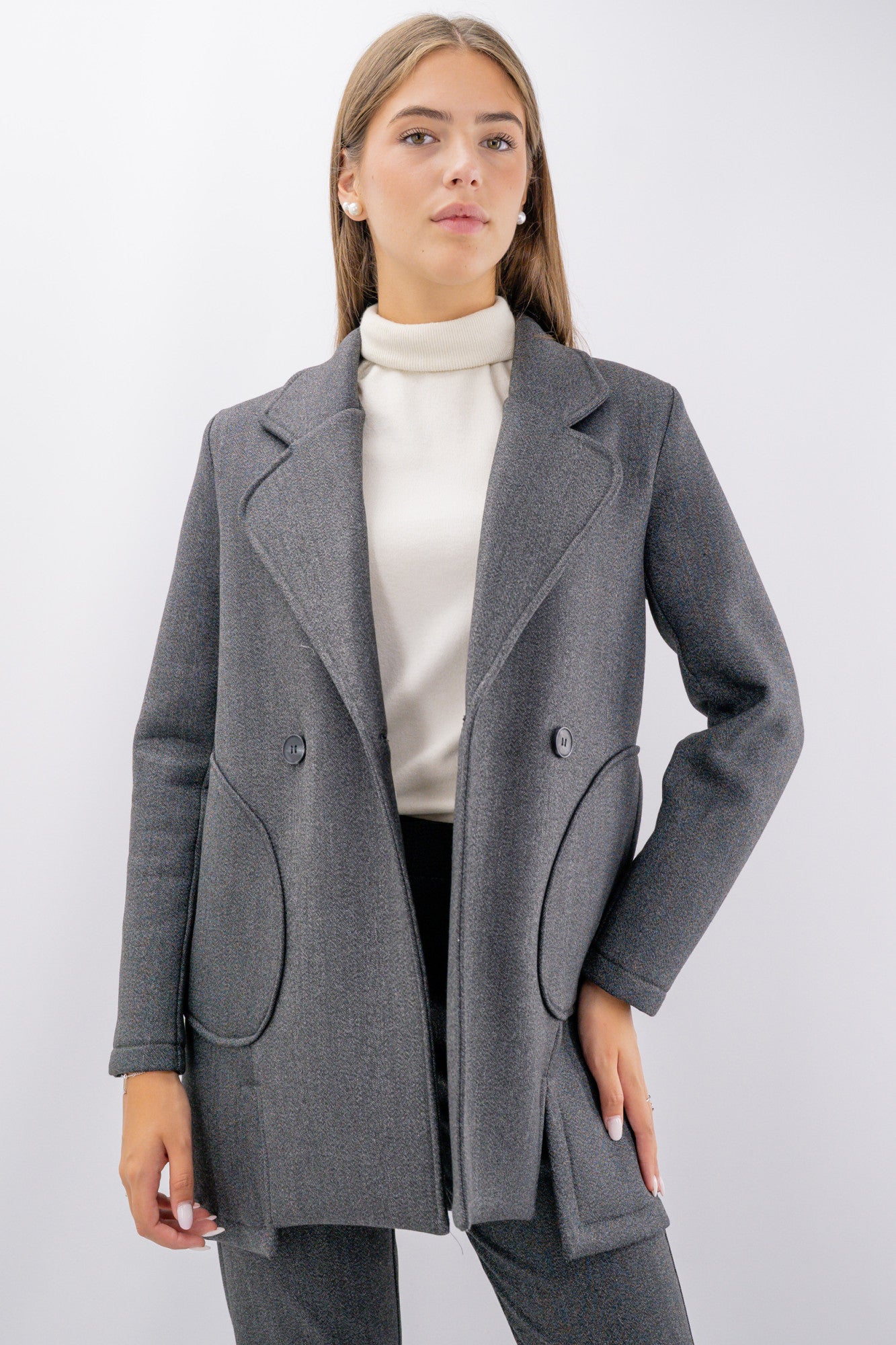 Cappotto midi in neoprene fantasia spina di pesce