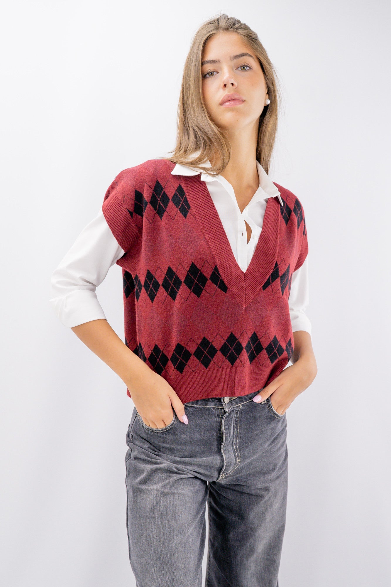 Gilet collo a vi a rombi