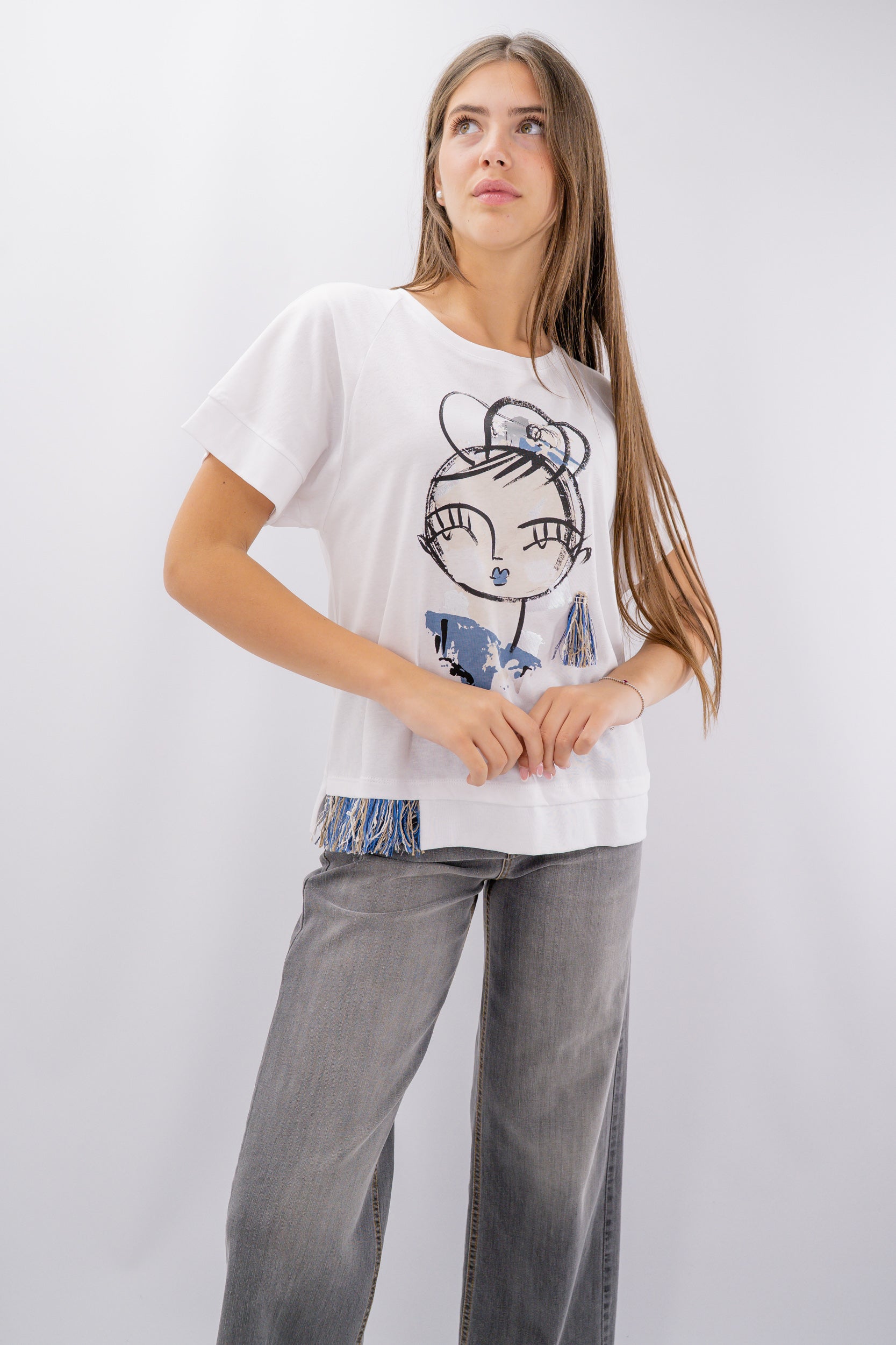 T-shirt con stampa e dettaglio frange